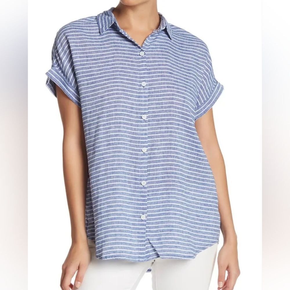 beachlunchlounge Striped Button‑Up Shirt Blue White  Short Sleeve Top Size L